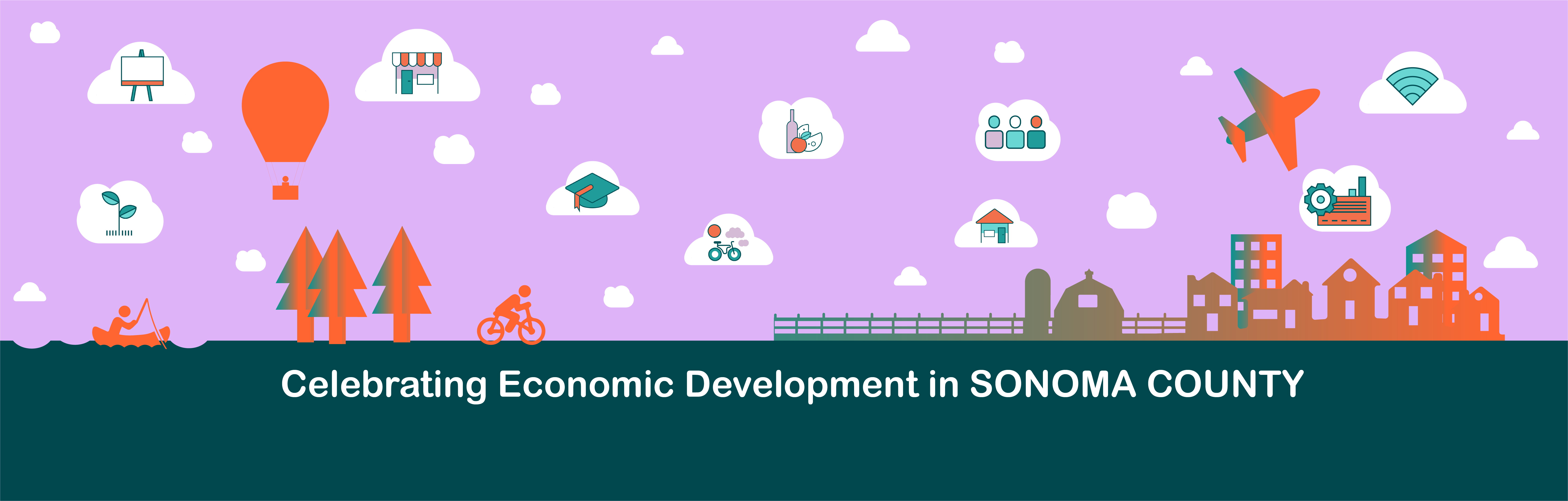 Economic Development Ecosystem. Land scape with lake, farm, and city. Cyclist riding a bike, hot airballoon in the sky, and plane flying above. Clouds with icons including graducatin cap, house, store front, plant, art canvas, wifi symbol, factory, people, and bottle of wine with fruit and cheese. Celebrating Economic Development in Sonoma County