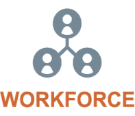 stylized icon of three people connected in a triangular network with text reading "workforce"