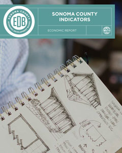 cover of Sonoma County Indicators report. Cover image features a sketchbook with drawings of buildings 