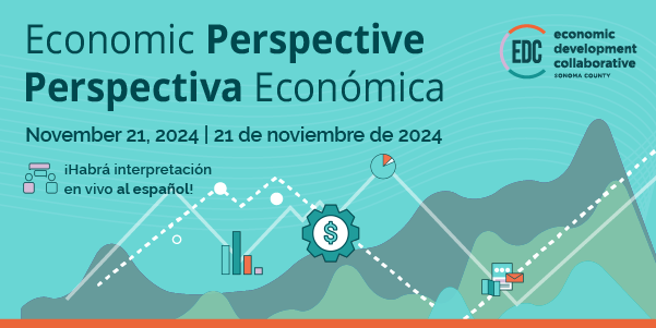 Economic Perspective, Perspectiva Económica. November 21, 2024 | 21 de noviembre de 2024. ¡Habrá interpretación en vivo al español! Economic Development Collaborative. Illustration of mountains peaks with lines graphs, pie graphs, and bar graphs. 