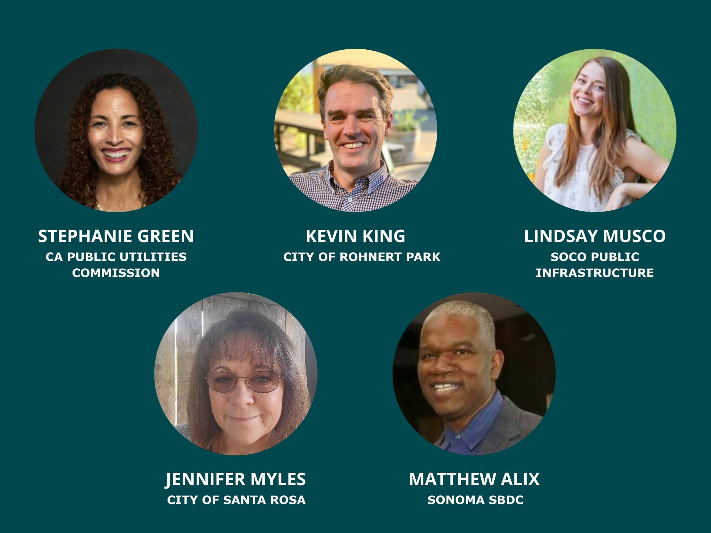Photos of panelists: Stephanie Green California Public Utilities Commission, Kevin King City of Rohnert Park, Lindsay Musco Sonoma County Public Infrastructure, Jennifer Myles City of Santa Rosa, Matthew Alix Sonoma Small Business Development Center
